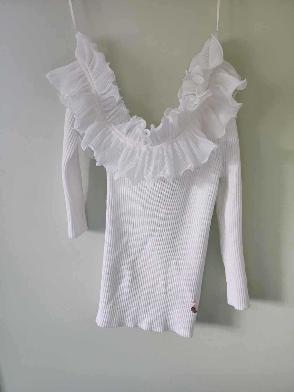 Milly White Ribbed Long Sleeve Top with Ruffle V-Neck